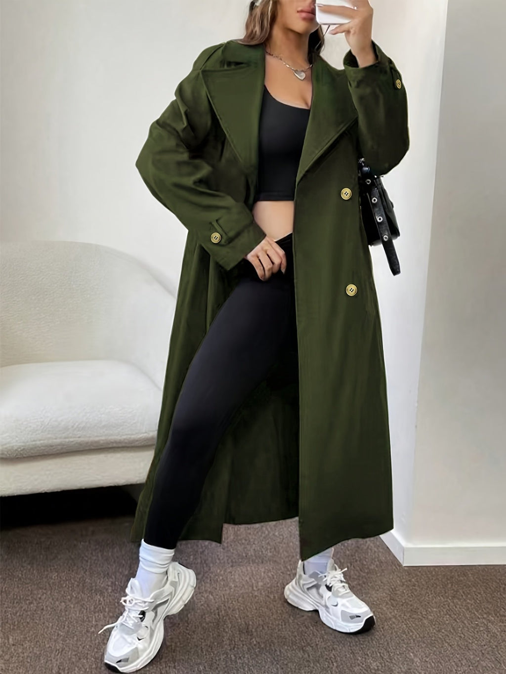 Apricot women's trench coat with double-breasted buttons, British style styling