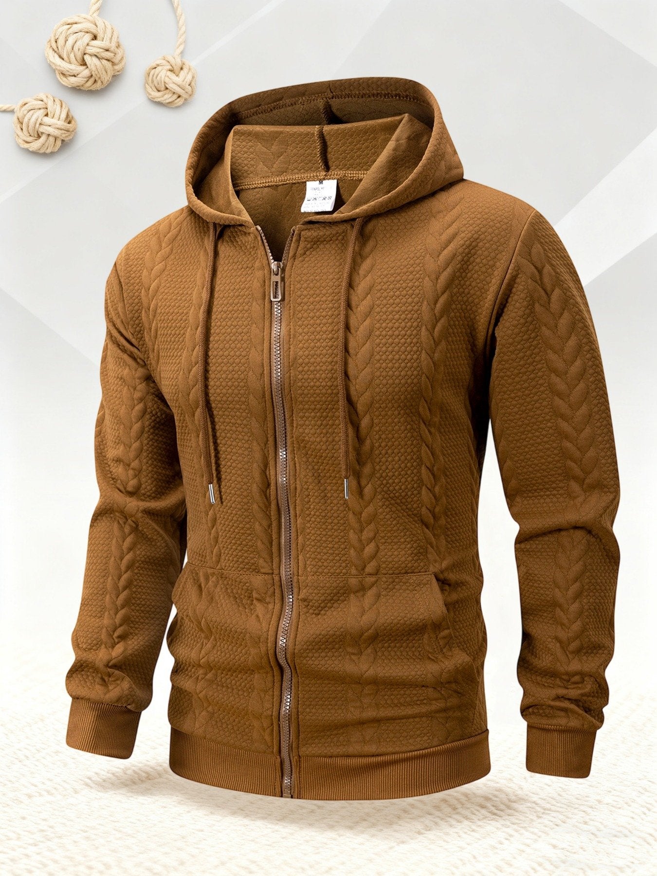 Men's 3D braid texture hooded zip jacket in khaki, vintage cardigan style for winter