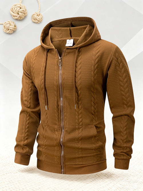Men's 3D braid texture hooded zip jacket in khaki, vintage cardigan style for winter