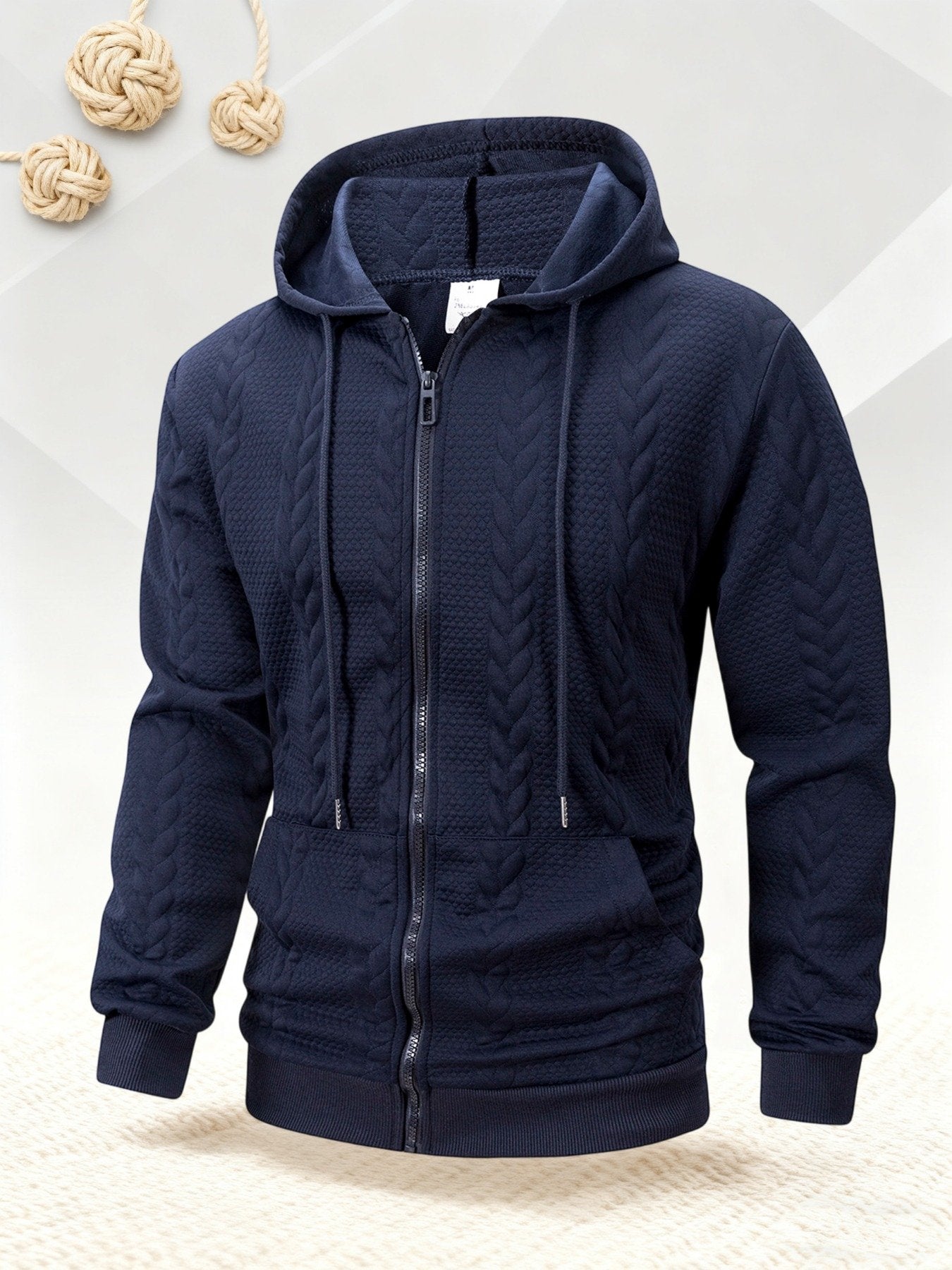 Men's black 3D texture hooded zip jacket with ribbed cuffs and drawstring hood