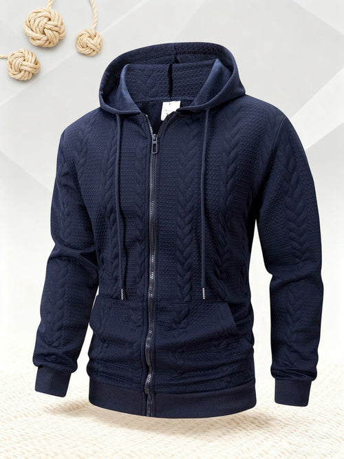 Men's black 3D texture hooded zip jacket with ribbed cuffs and drawstring hood