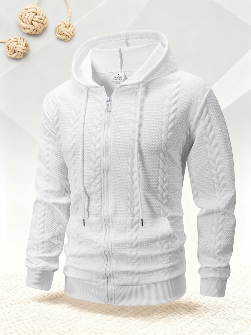Close-up of 3D braid knit texture detail on men's winter hooded jacket