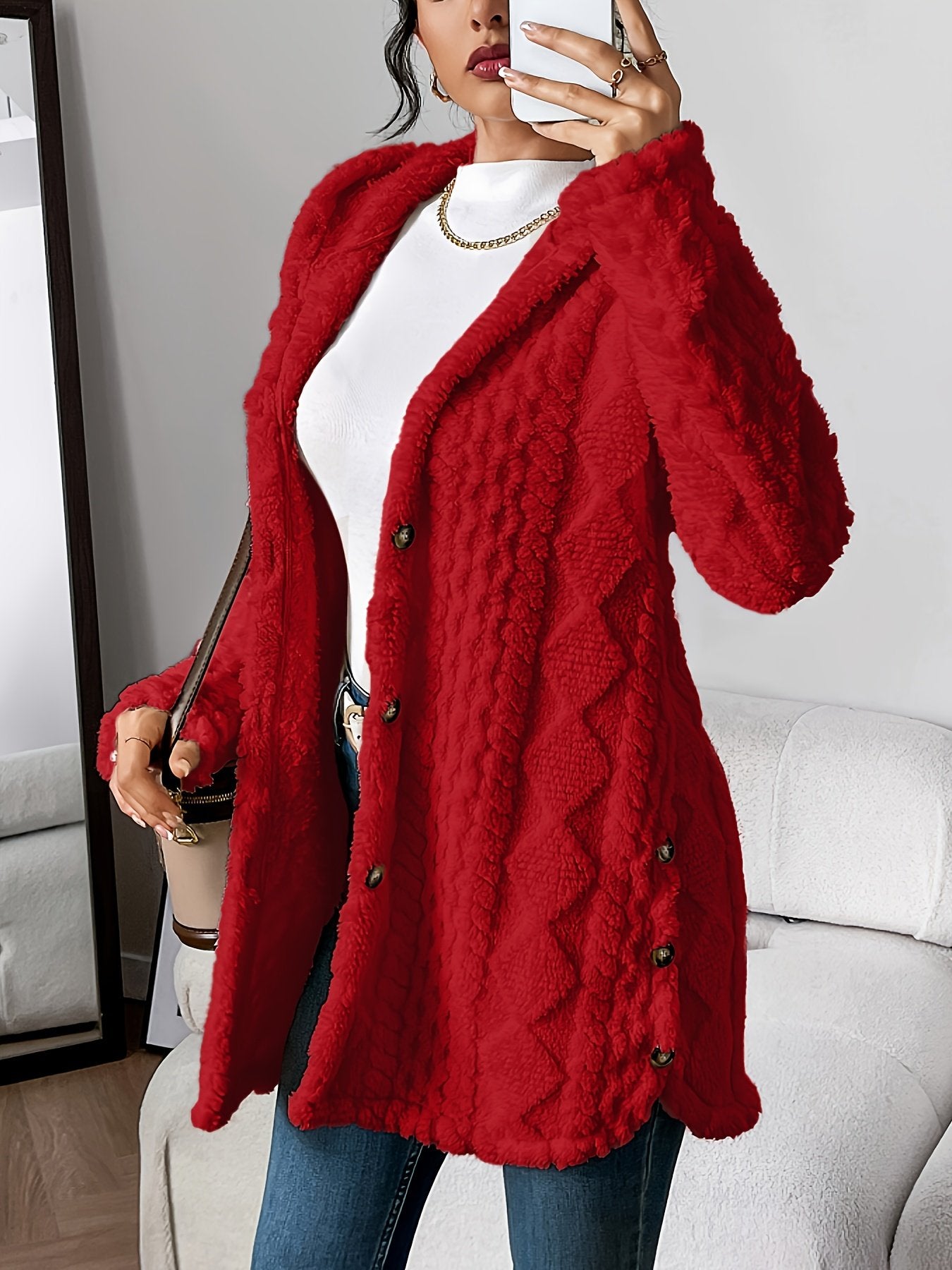 Women's off-white jacquard plush hooded cardigan coat, front view