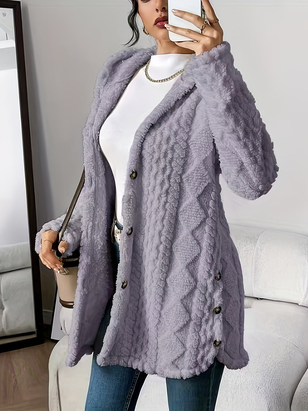 Brown jacquard plush coat for women styled with the hood down
