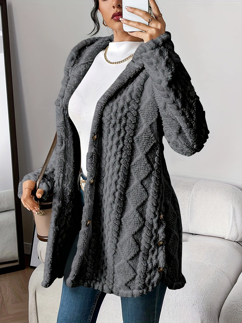 Dark blue plush hooded coat for women, long winter layer