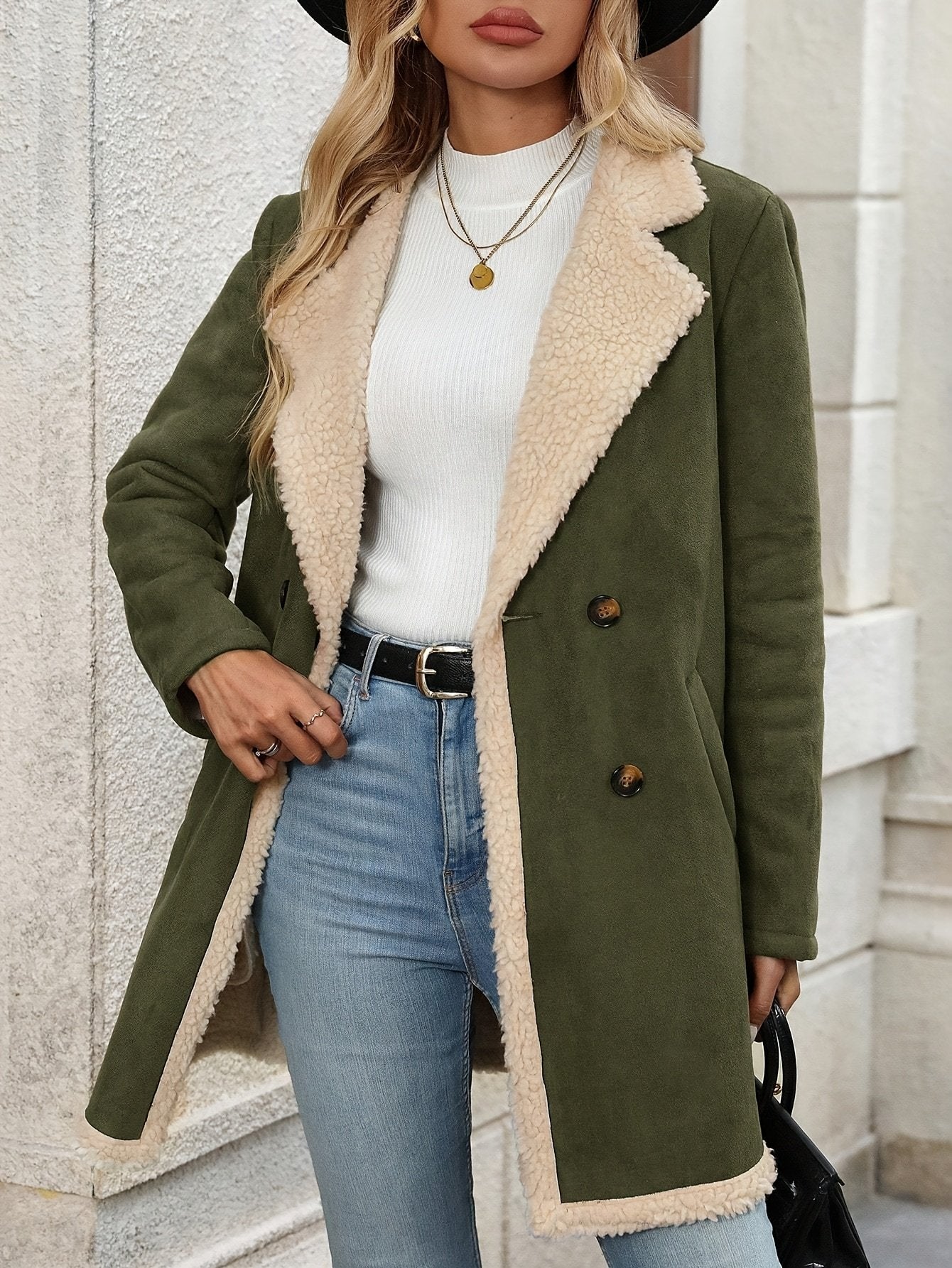 Light brown plush lamb coat for women with contrast trim detailing