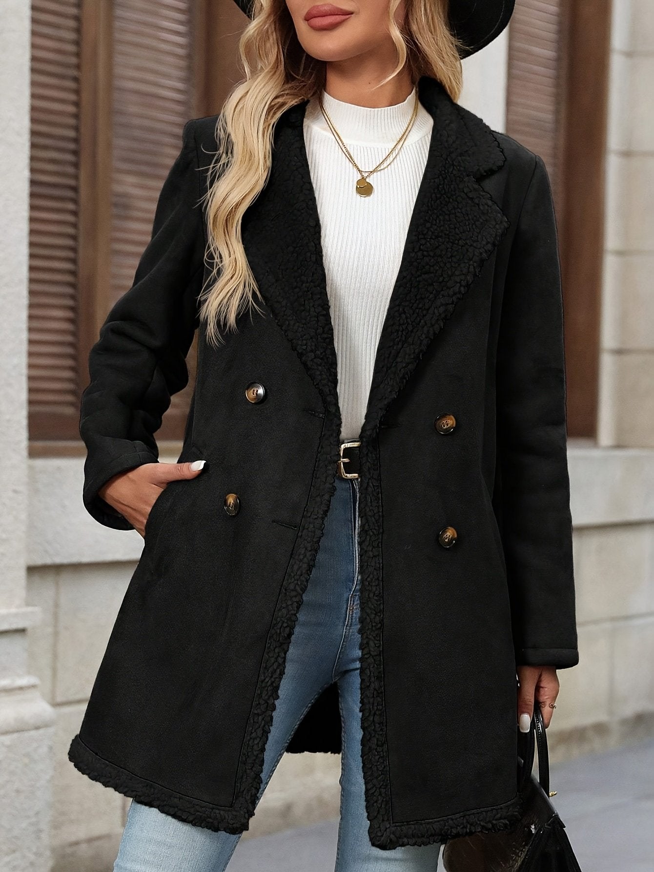 Close-up of the soft lamb effect pile on the women's winter coat