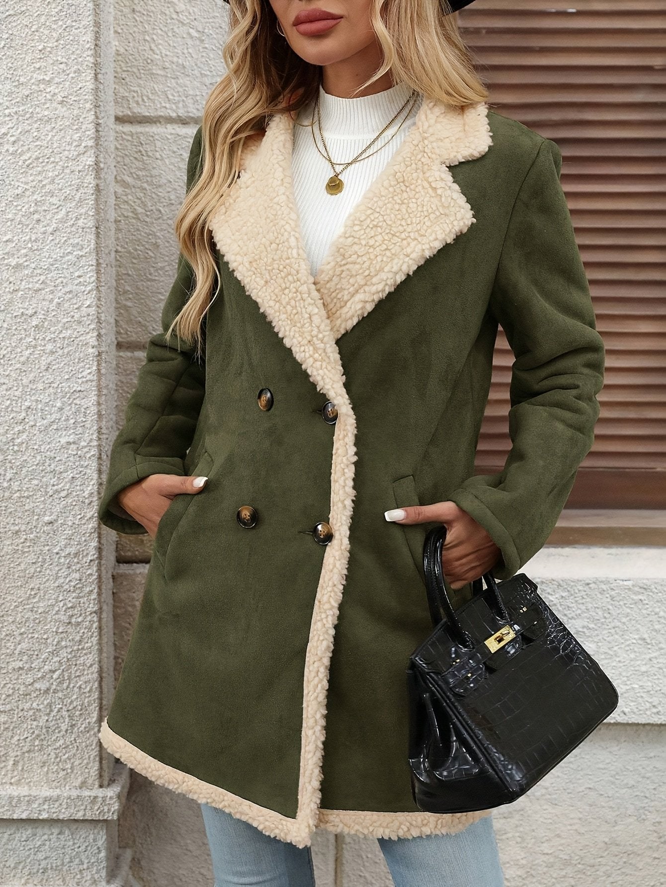 Back view of the women's khaki lamb effect double-breasted coat