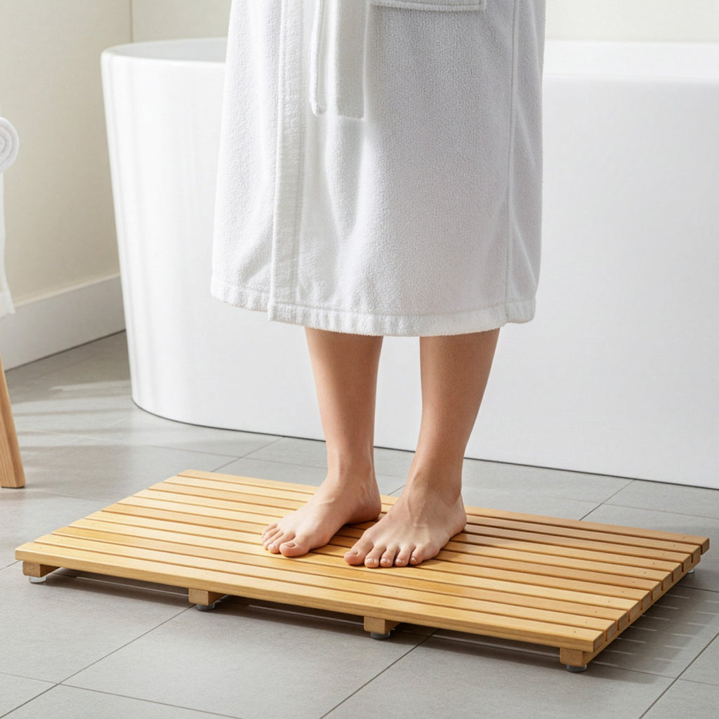 Bamboo Wooden Bath Mat for Bathroom, Large 60x35cm Anti-Slip Duck Board Shower Mat for Indoor & Outdoor Use, Spa, Pool, Sauna - Quick Dry Bathroom Floor Mat with Rubber Feet - image 5