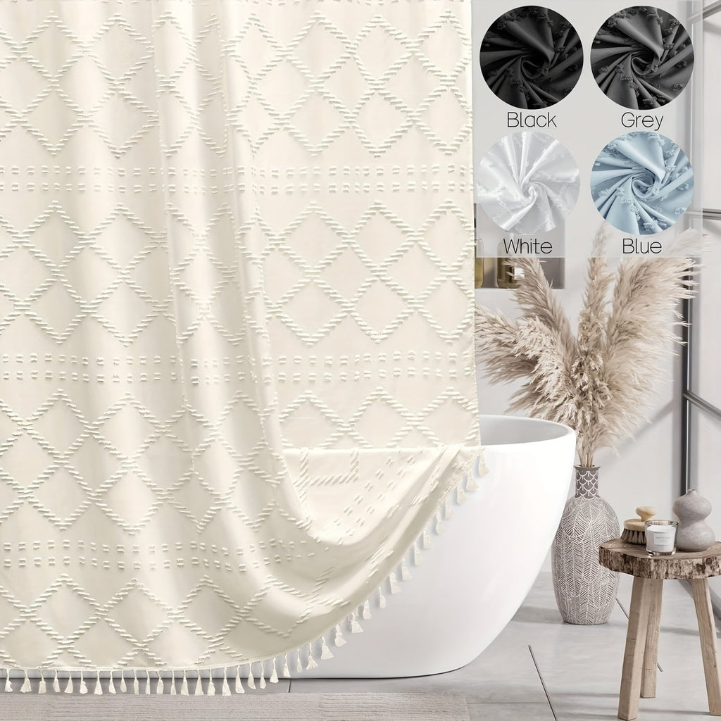 Bohemian Diamond Pattern Shower Curtain Set Gray/Beige/White/Black/Blue Curtain with 12 Rust-Proof Metal Grommets, Tassel Accents & Anti-Fly-Up Design | Luxe Bathroom Decor with Soft Fabric Coating - image 1