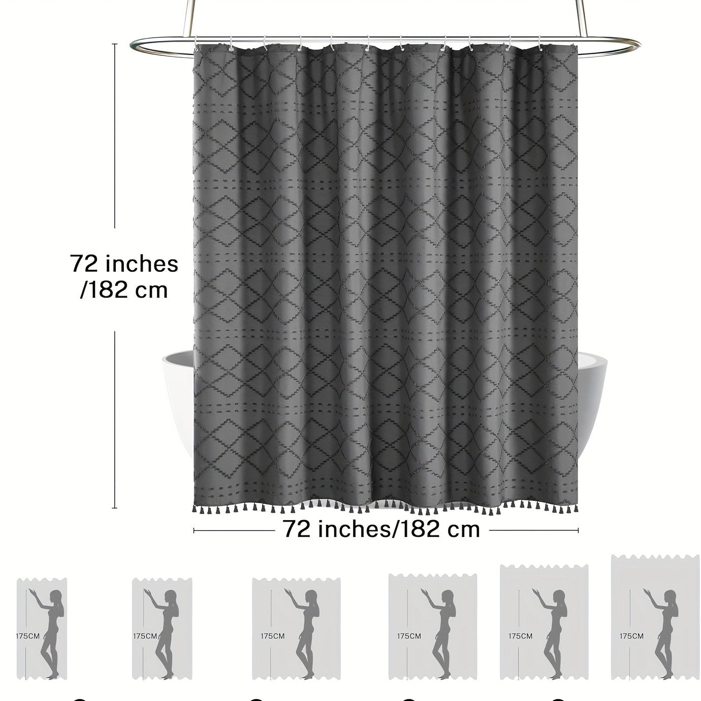 Bohemian Diamond Pattern Shower Curtain Set Gray/Beige/White/Black/Blue Curtain with 12 Rust-Proof Metal Grommets, Tassel Accents & Anti-Fly-Up Design | Luxe Bathroom Decor with Soft Fabric Coating - image 2