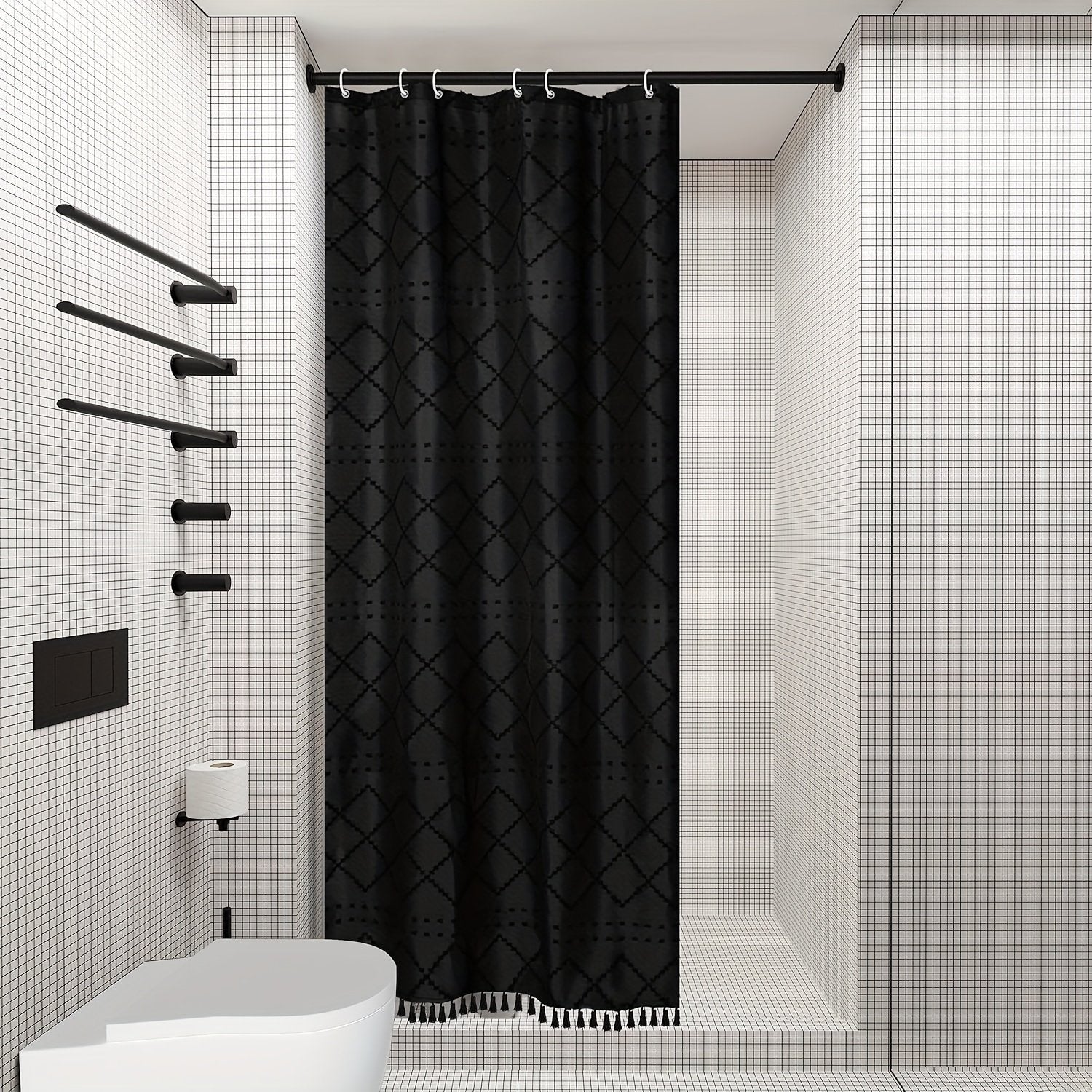 Bohemian Diamond Pattern Shower Curtain Set Gray/Beige/White/Black/Blue Curtain with 12 Rust-Proof Metal Grommets, Tassel Accents & Anti-Fly-Up Design | Luxe Bathroom Decor with Soft Fabric Coating - image 3