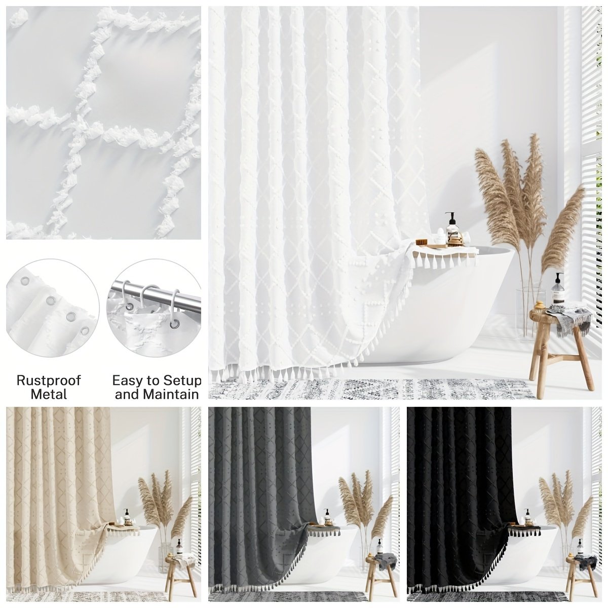 Bohemian Diamond Pattern Shower Curtain Set Gray/Beige/White/Black/Blue Curtain with 12 Rust-Proof Metal Grommets, Tassel Accents & Anti-Fly-Up Design | Luxe Bathroom Decor with Soft Fabric Coating - image 4