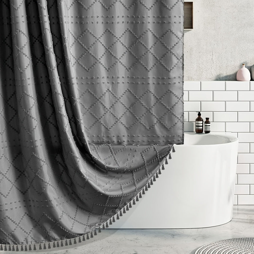 Bohemian Diamond Pattern Shower Curtain Set Gray/Beige/White/Black/Blue Curtain with 12 Rust-Proof Metal Grommets, Tassel Accents & Anti-Fly-Up Design | Luxe Bathroom Decor with Soft Fabric Coating - image 6