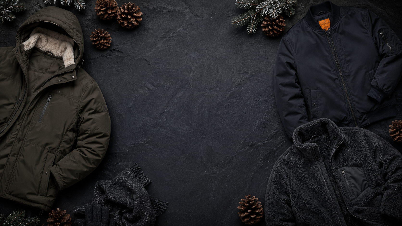 Three winter jackets arranged in a flat lay on a dark textured background with pinecones and evergreen branches. The left jacket is olive green with a light beige hood lining, the right upper jacket is black, and the right lower jacket is dark gray fleece.
