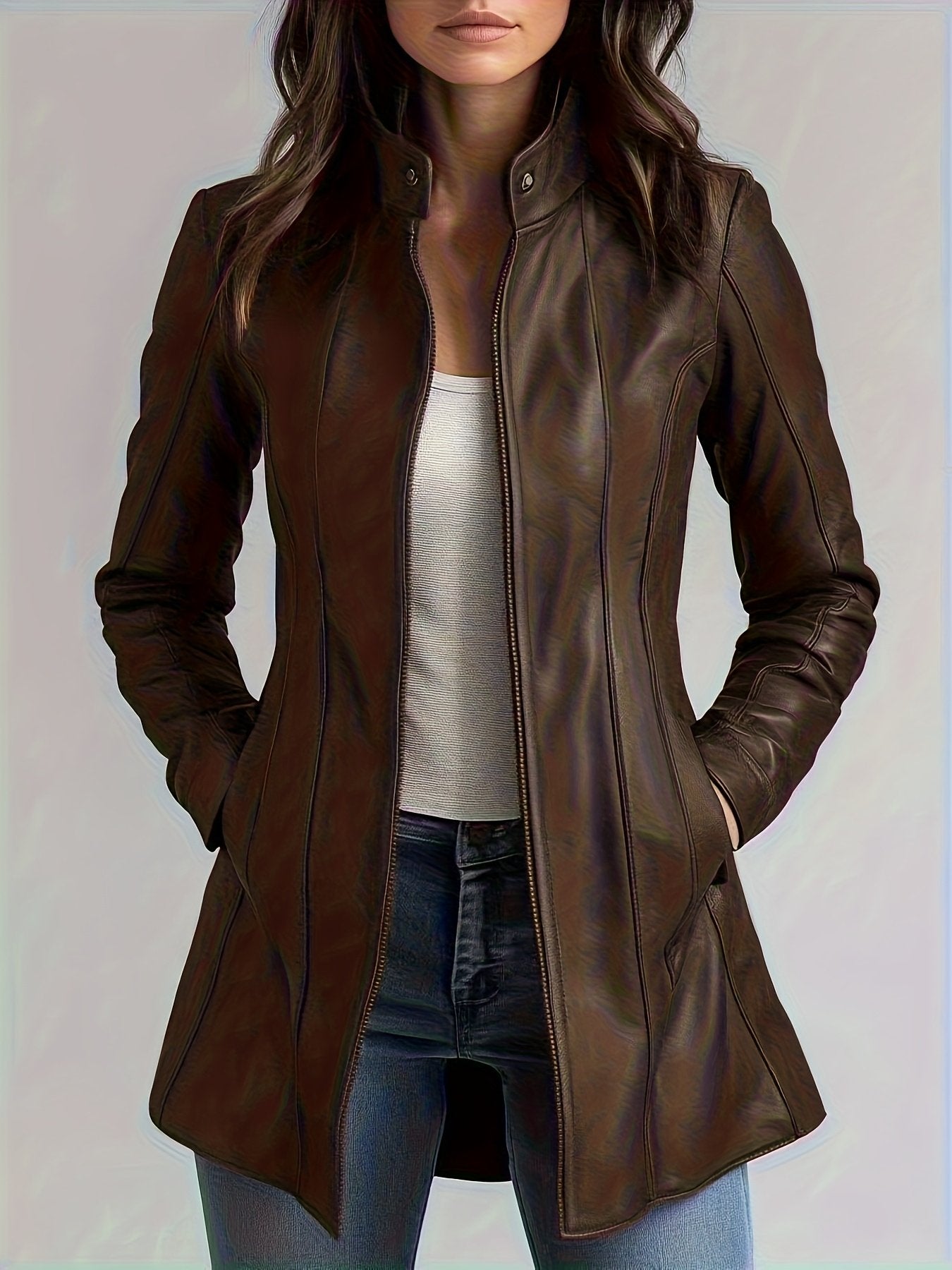 Burgundy PU leather motorcycle jacket for women with zip front