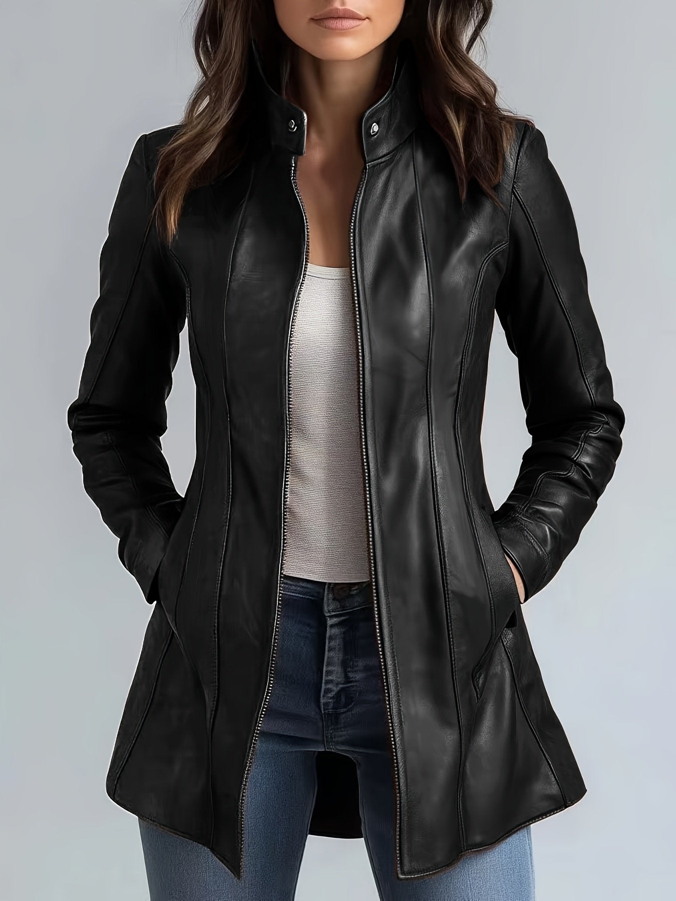 Light green faux leather biker jacket for women
