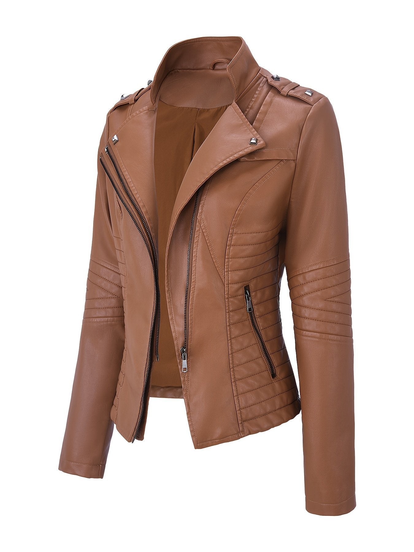 Close-up of the multi-zip hardware on the women's biker jacket