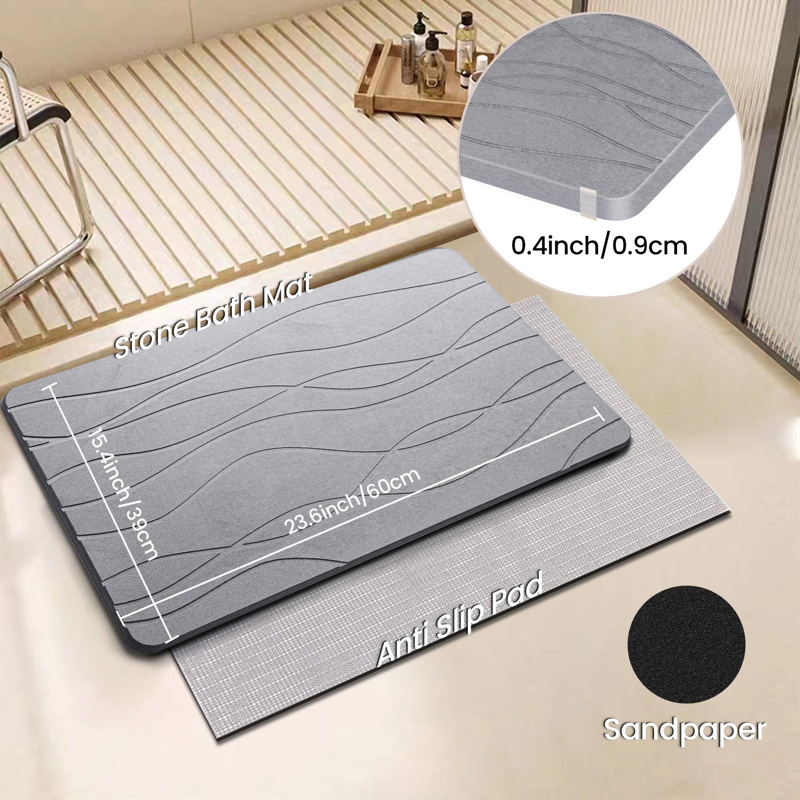 Diatomite Stone Bath Mat with Anti-Slip Pad Diatomaceous Earth Shower Mat for Bathroom Bathtub Kitchen Quick Dry Non Slip Super Absorbent Bathmat Light Gray White - image 3