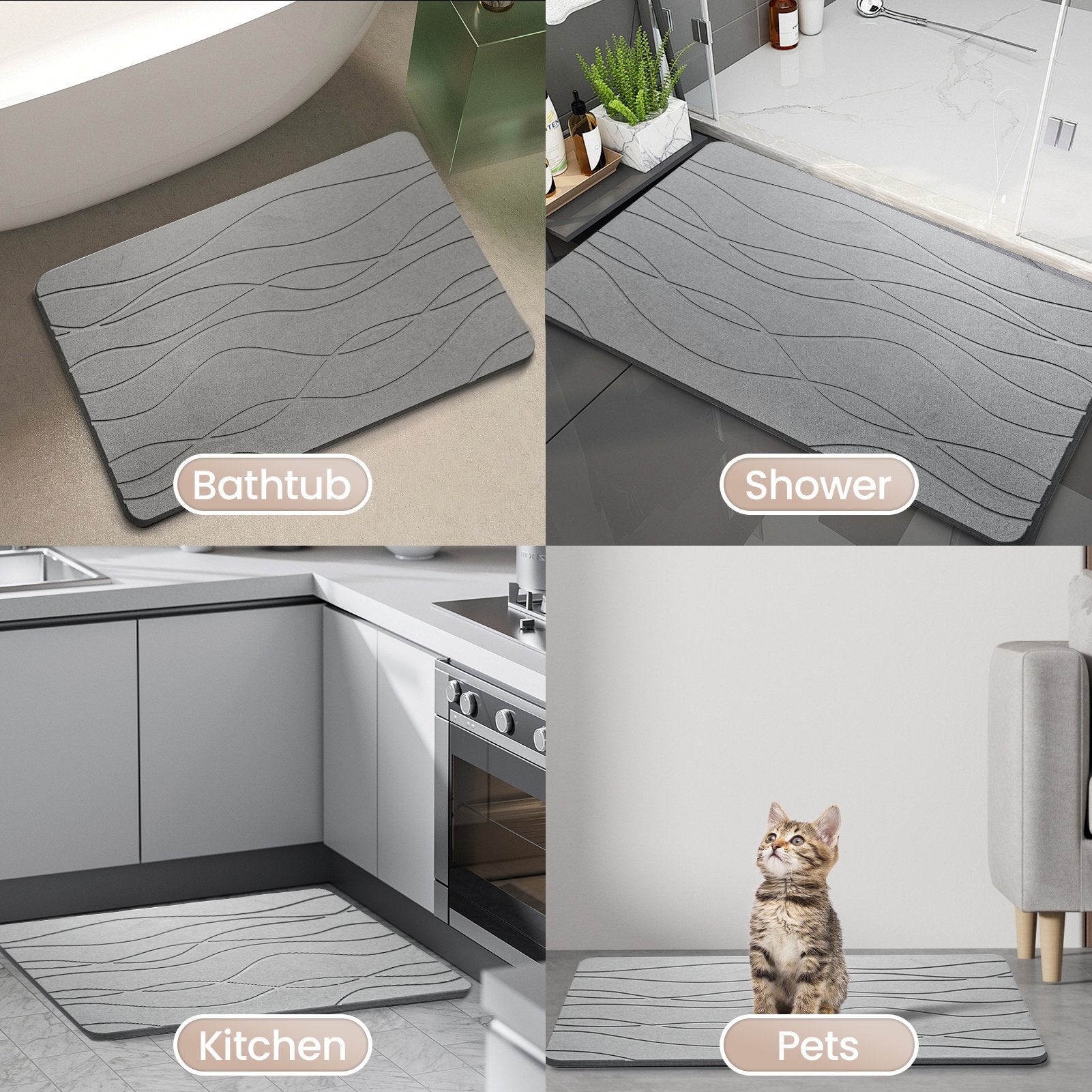Diatomite Stone Bath Mat with Anti-Slip Pad Diatomaceous Earth Shower Mat for Bathroom Bathtub Kitchen Quick Dry Non Slip Super Absorbent Bathmat Light Gray White - image 6