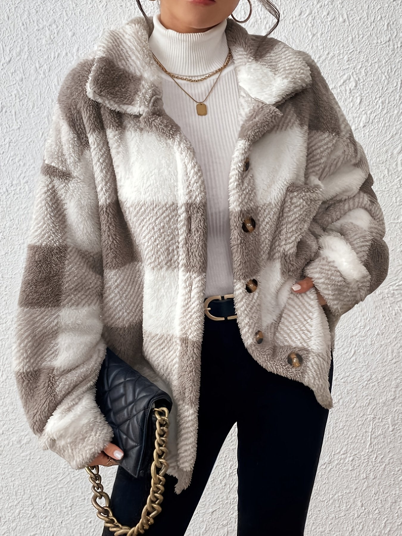 Women's light grey plaid plush button-front jacket, front view