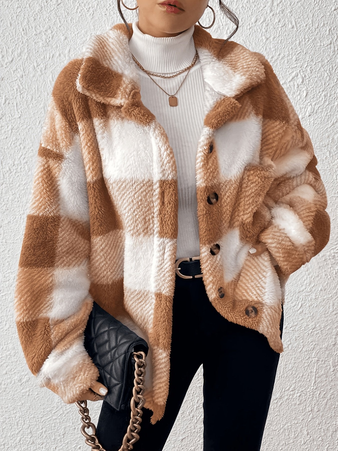 Black and white checked plush jacket for women with lapel collar