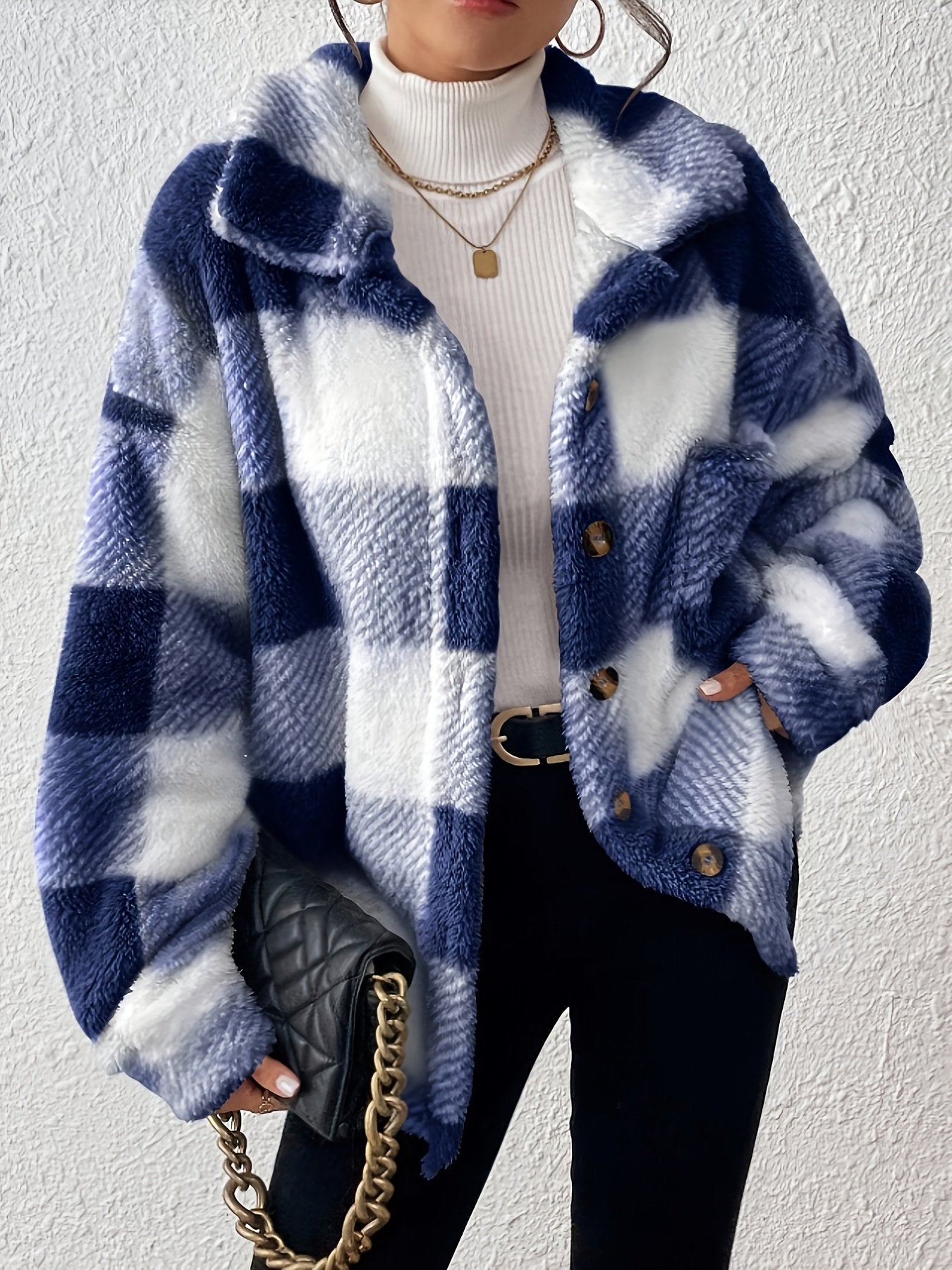 Pink plaid plush jacket for women, soft brushed winter layer
