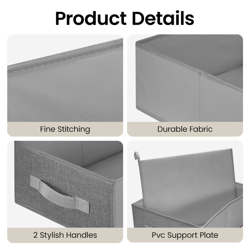 Grey fabric storage cube holding folded socks and underwear