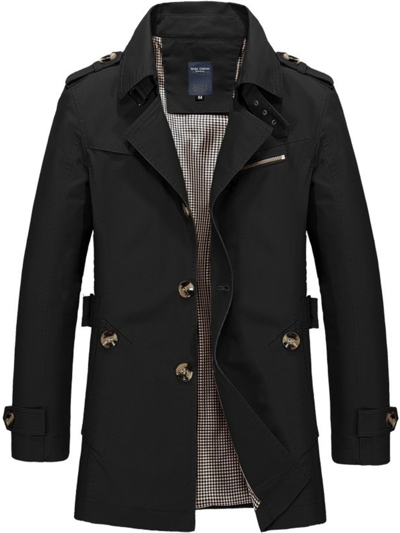 Men's dark blue mid-length single-breasted trench coat, front view