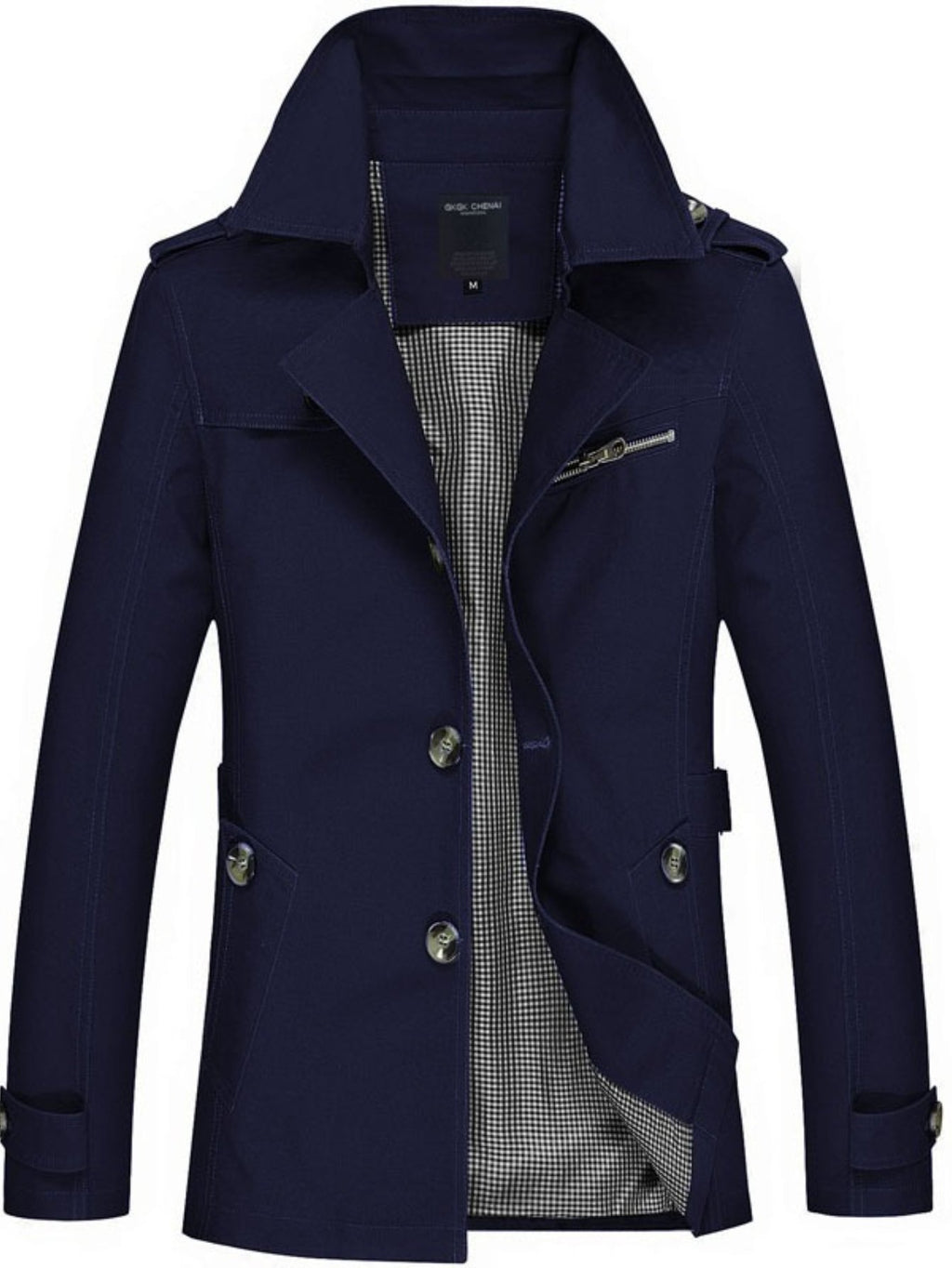Black men's trench coat with lapel collar worn for a business casual look