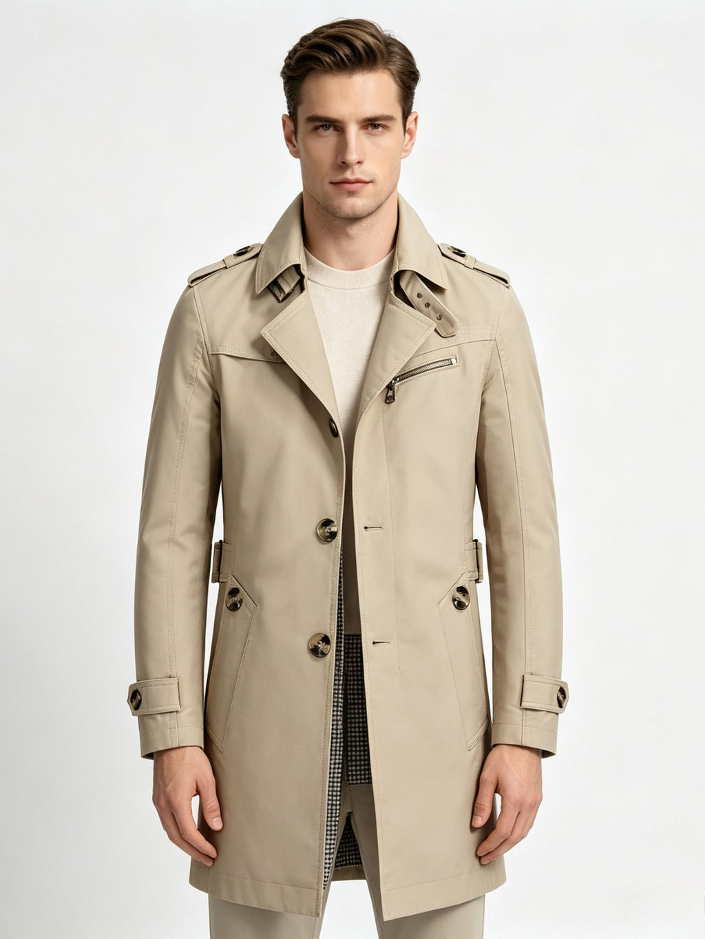 Close-up of the single-breasted button placket on the men's trench coat