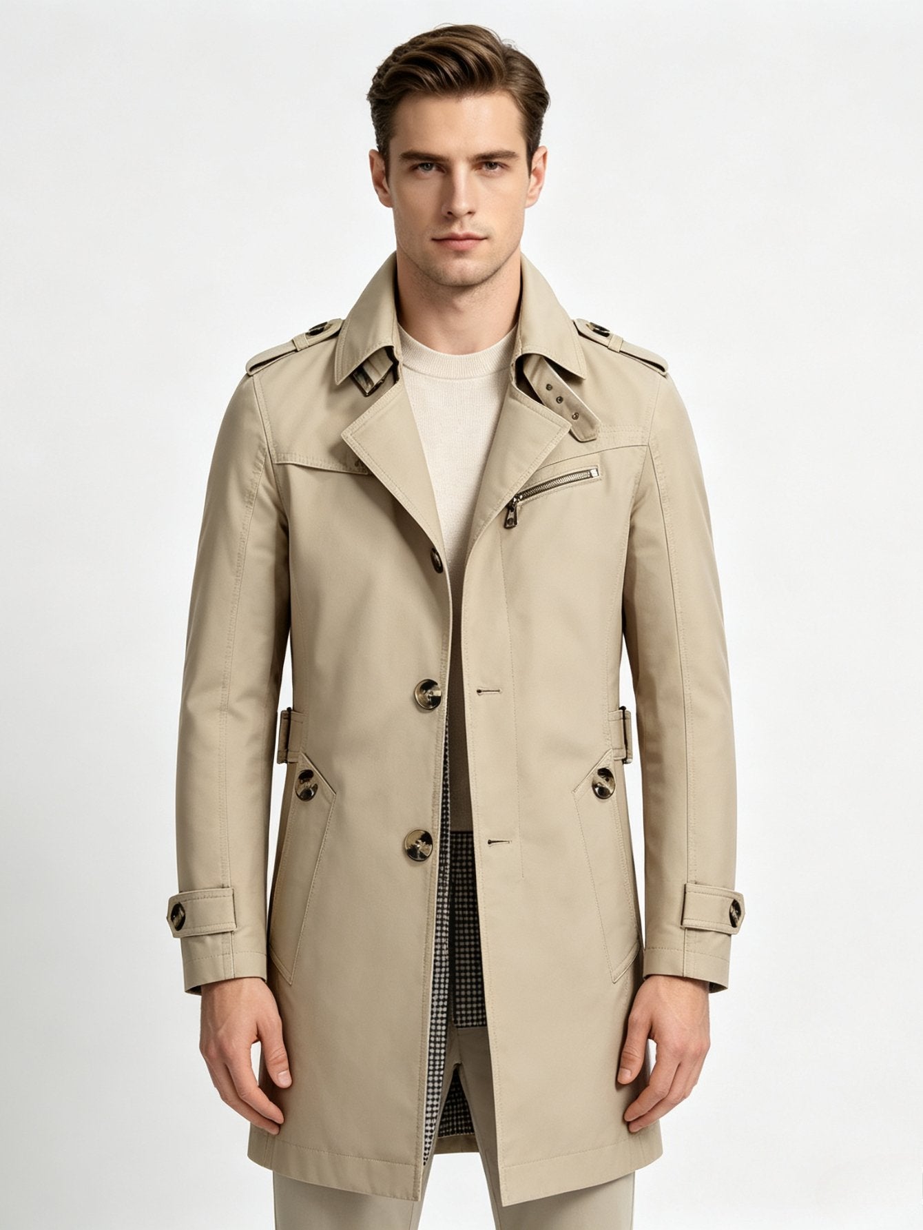 Close-up of the single-breasted button placket on the men's trench coat