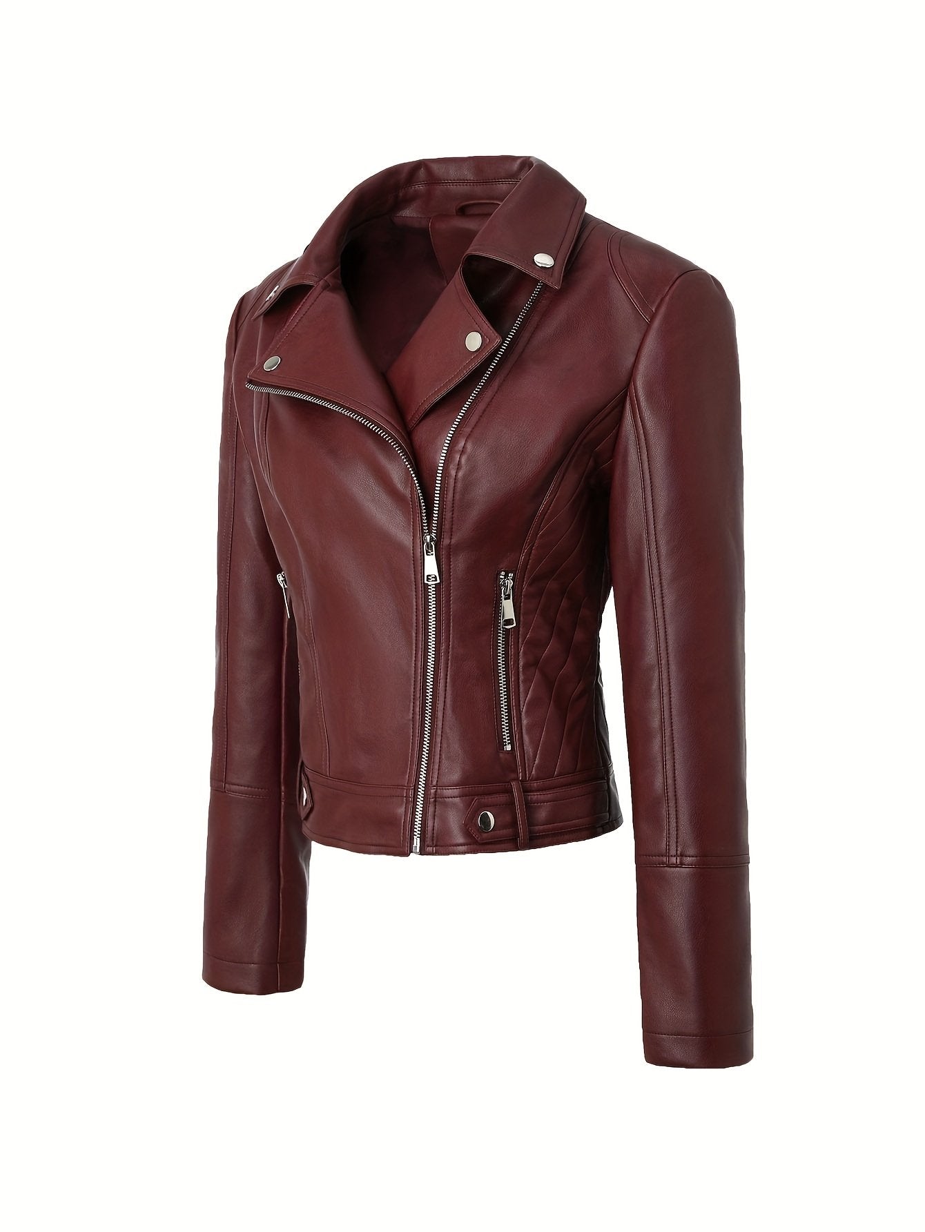 Close-up of the zip front on the women's faux leather moto jacket
