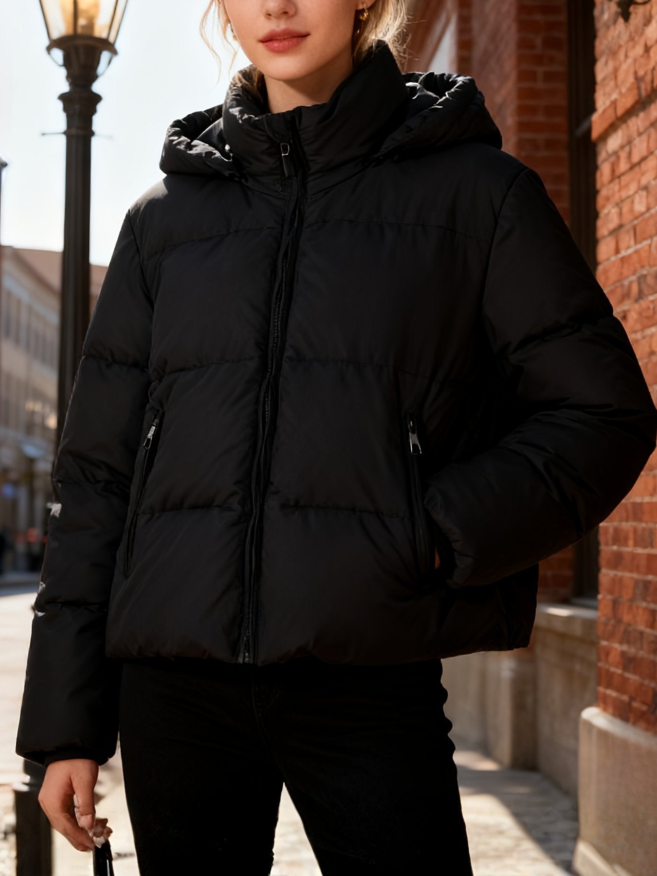Beige padded jacket for women shown with the hood removed