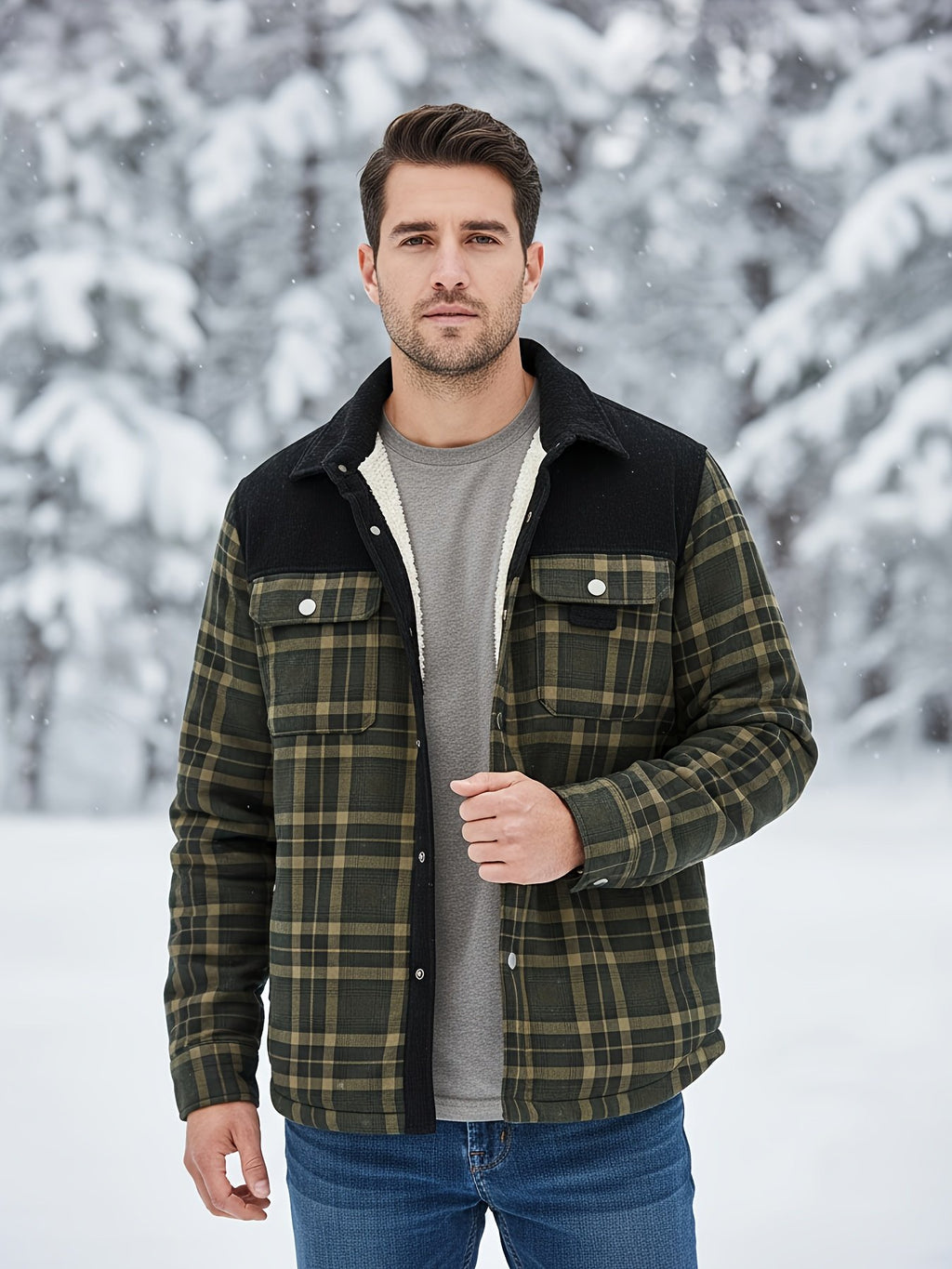 Fleece lined plaid jacket for men showing warm interior lining detail