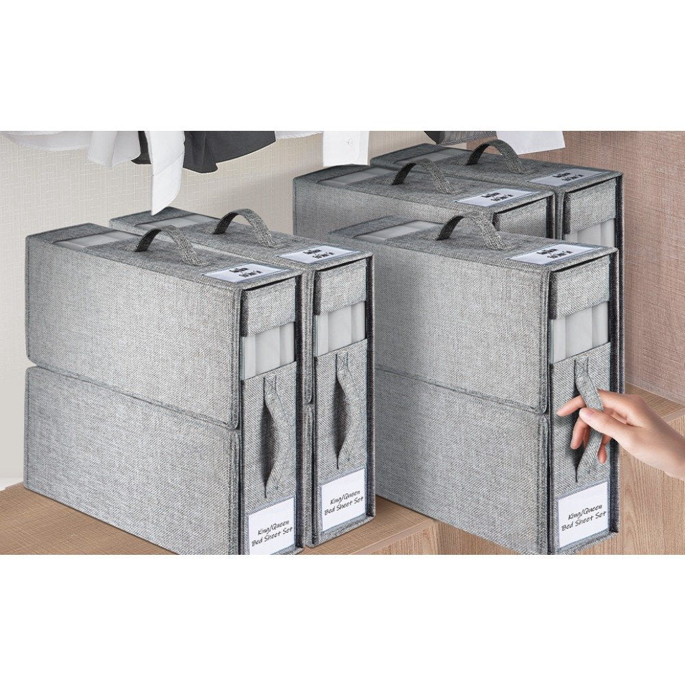 Foldable bed sheet storage box with handle and clear window in linen finish