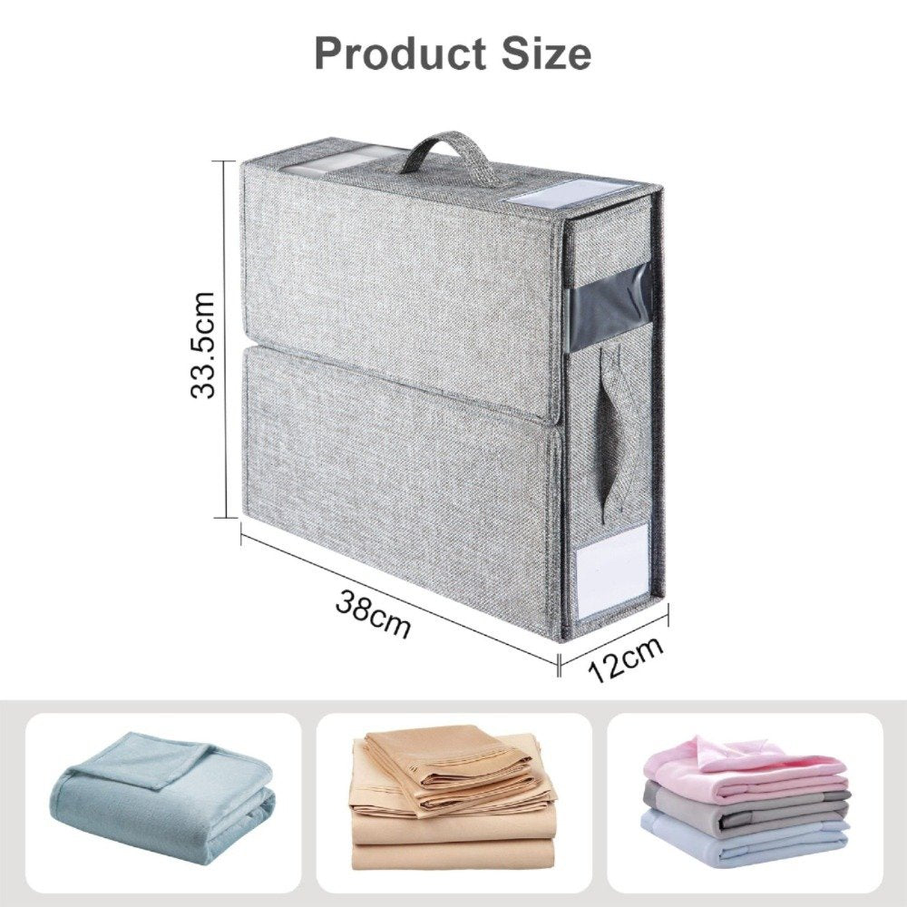 Bed sheet storage box clear window showing folded blankets inside