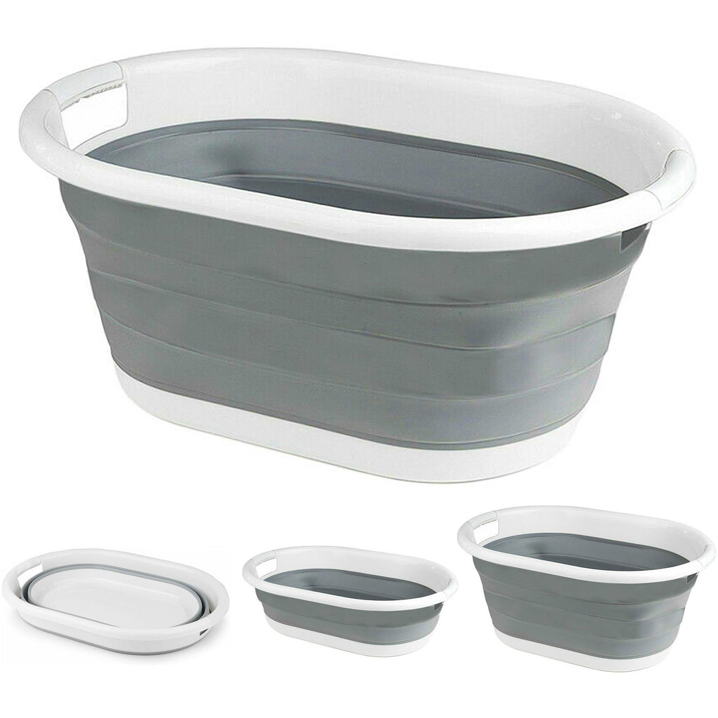 Foldable Laundry Basket Plastic - Small Collapsible Washing Baskets for Clothes - Portable and Ideal for Space Saving Storage Oval Shape - Grey - image 1