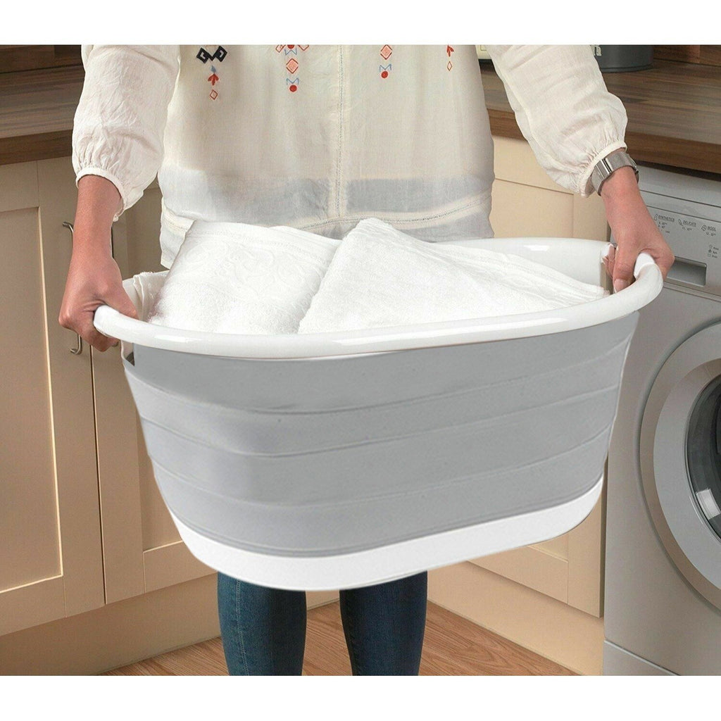 Foldable Laundry Basket Plastic - Small Collapsible Washing Baskets for Clothes - Portable and Ideal for Space Saving Storage Oval Shape - Grey - image 4