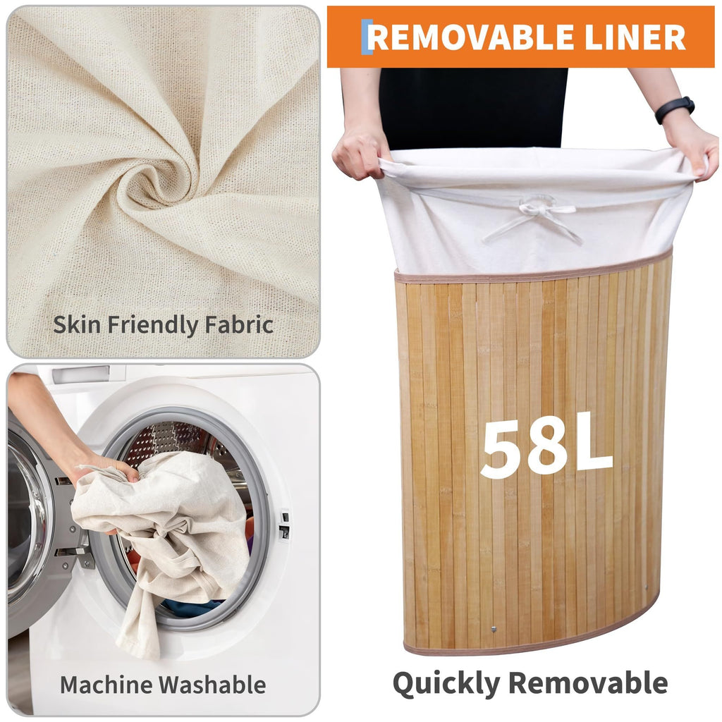 Folding Bamboo Laundry Hamper with Lid, Laundry Basket with Washable Liner Bag, Slim Clothes Storage Hamper for Small Bedrooms Apartments Dorms - image 5