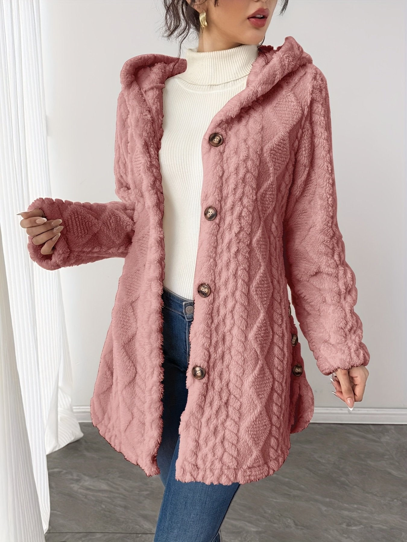 Women's apricot teddy hooded mid-length coat, front view
