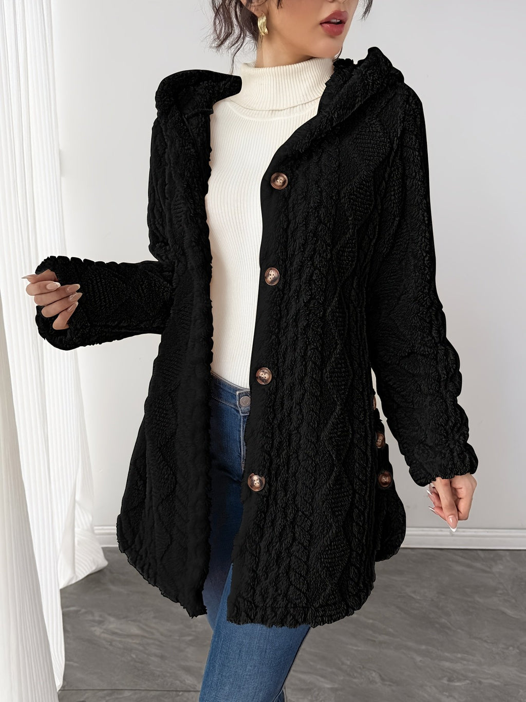 Dark brown teddy coat for women with hood and button front