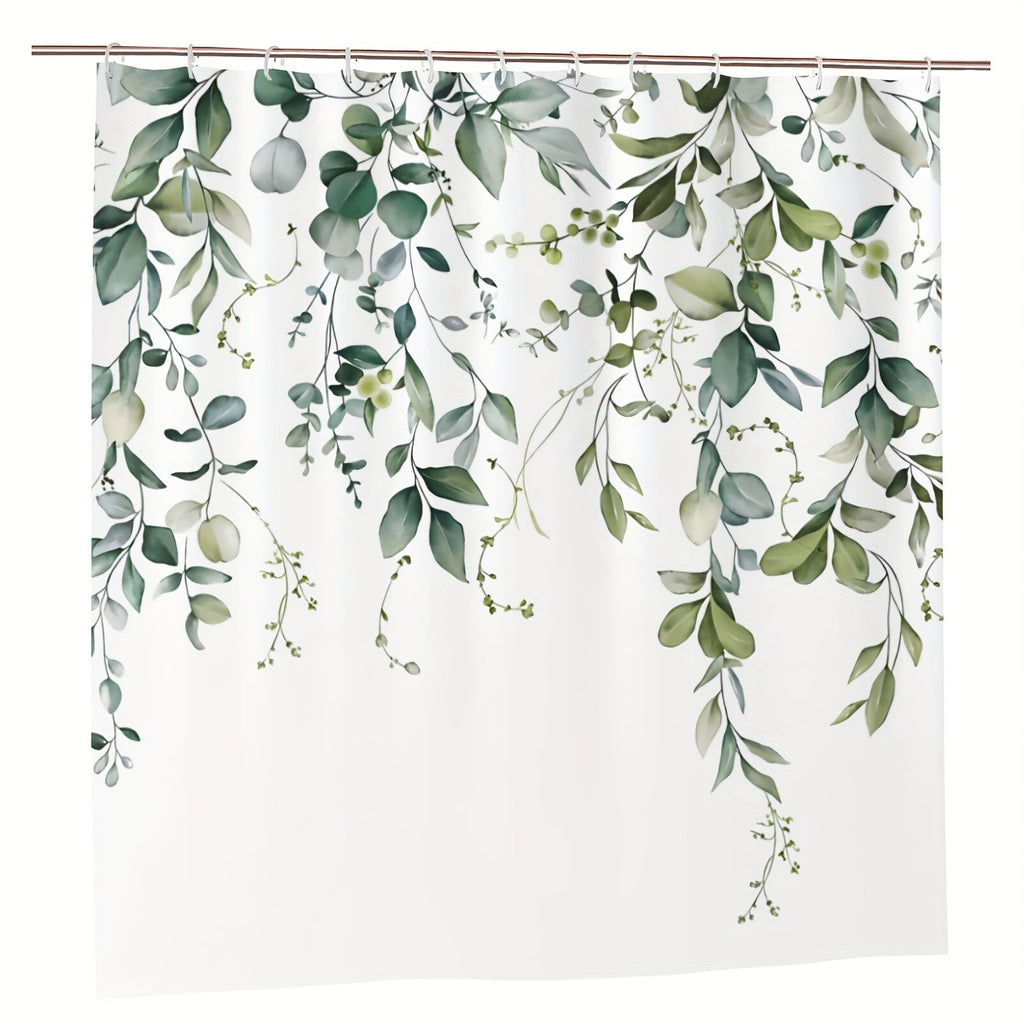 Green eucalyptus leaf watercolour shower curtain in bright bathroom
