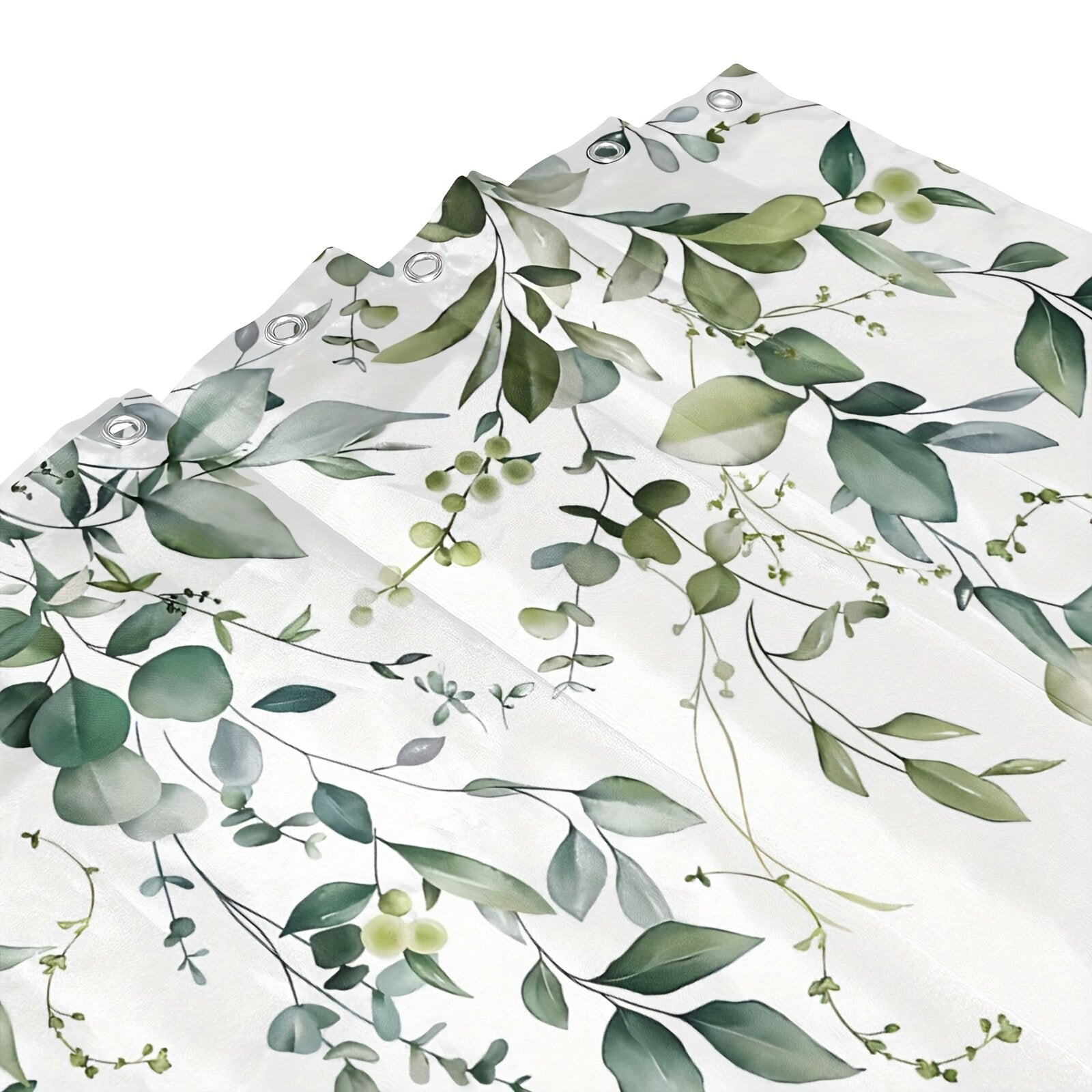 Close-up of watercolour green eucalyptus leaf print on shower curtain