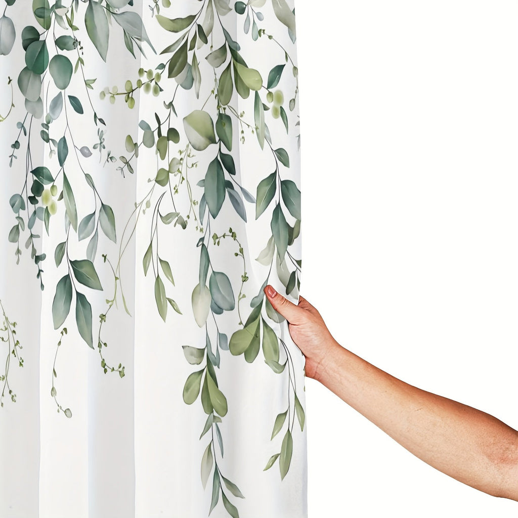 Wrinkle-free polyester eucalyptus shower curtain with hooks