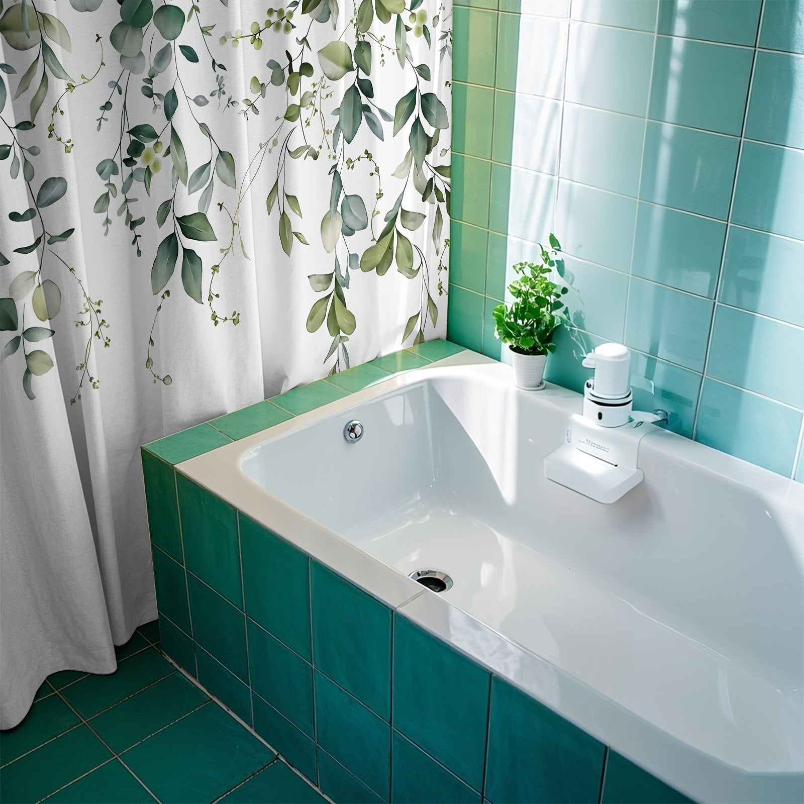 Green leaf shower curtain styled in spa-like bathroom