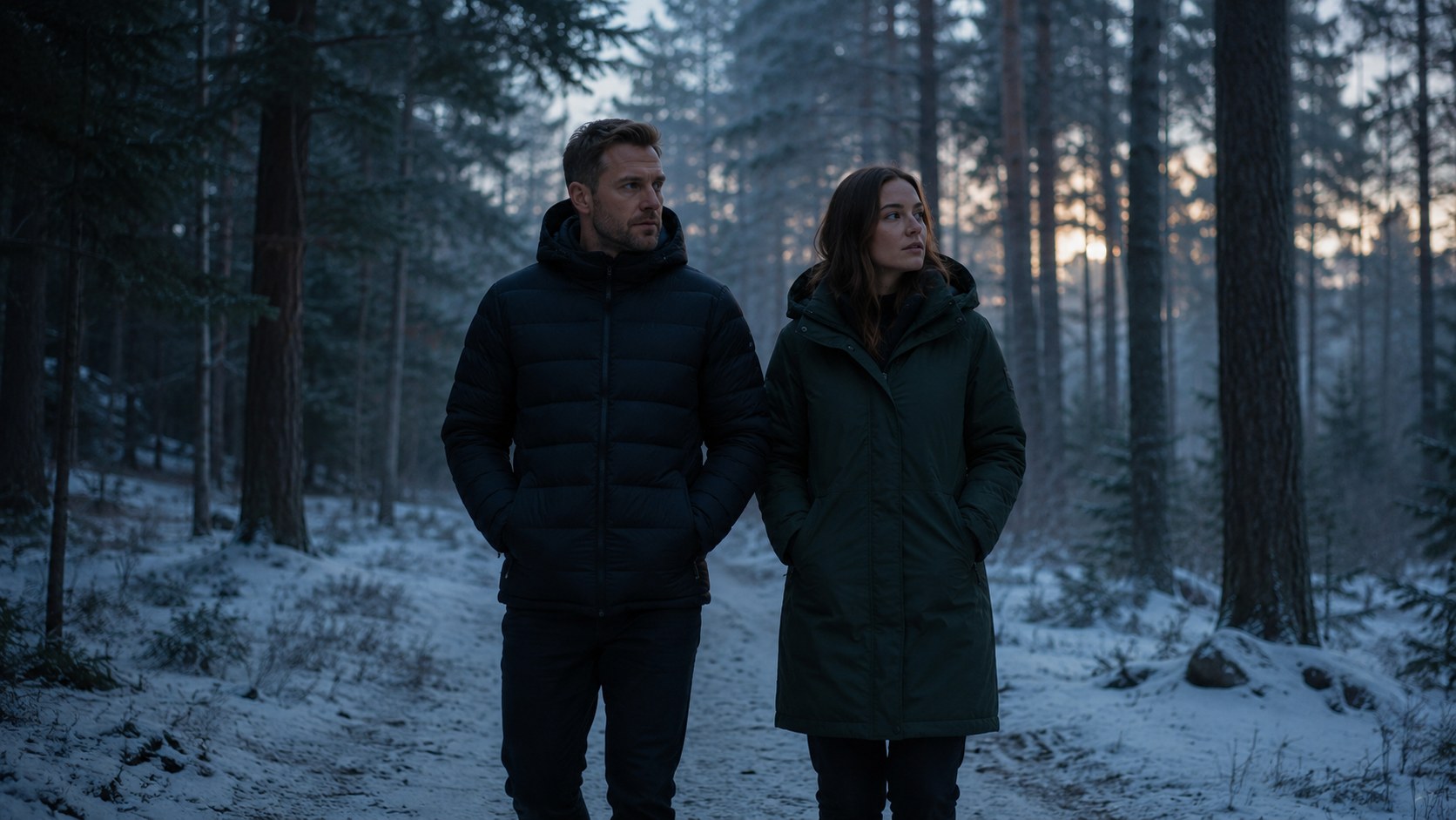 A man in a black quilted puffer jacket and a woman in a pine-green hooded parka walking a snow-covered forest path at dawn — Haamashiach winter outerwear.