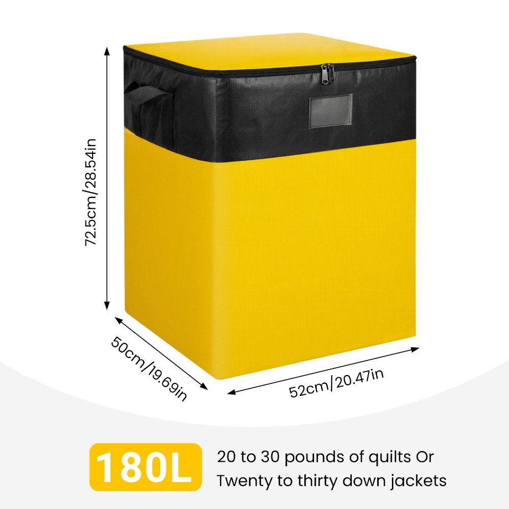 Heavy duty storage bag holding folded comforter and blankets
