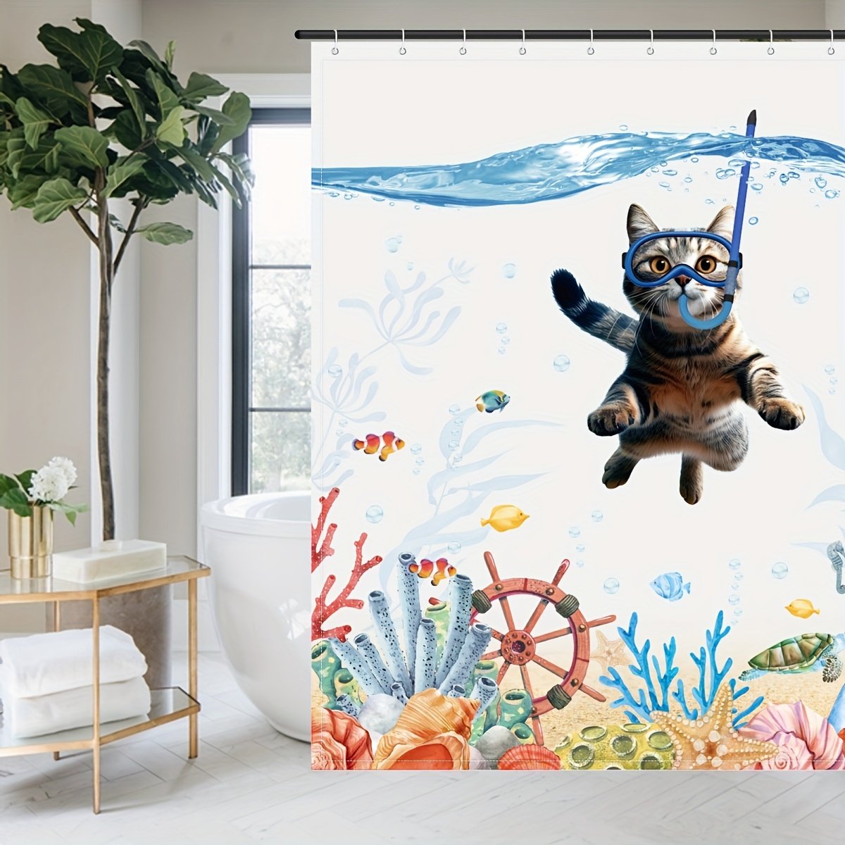Teal blue nautical sea life shower curtain with octopus and starfish