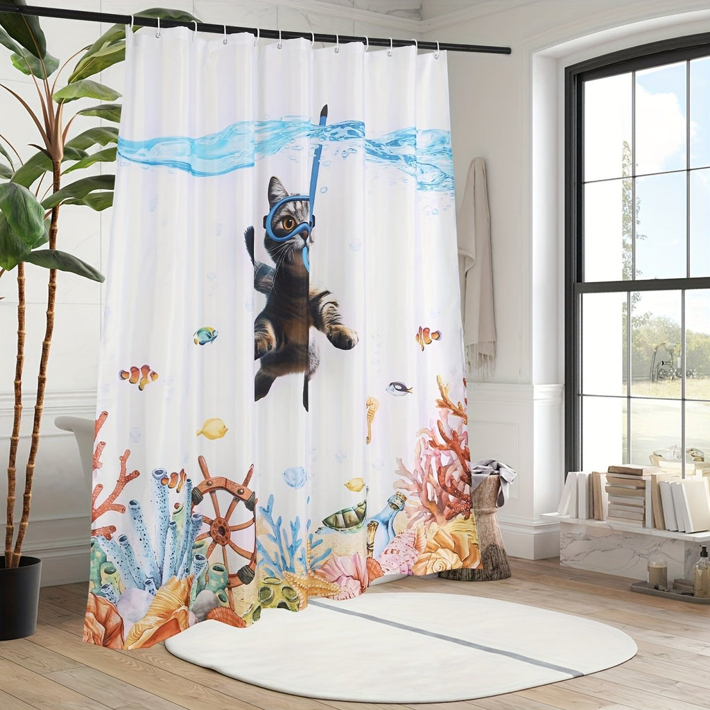 Teal sea life shower curtain hanging over bathtub